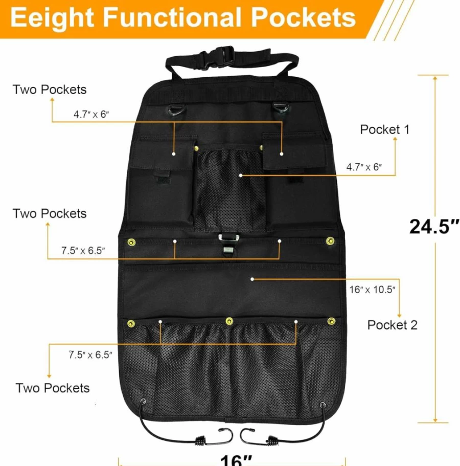 STOLCA Universal Car Seat Back Organizer - Black Mesh & Fabric Storage with Multiple Pockets for Cars