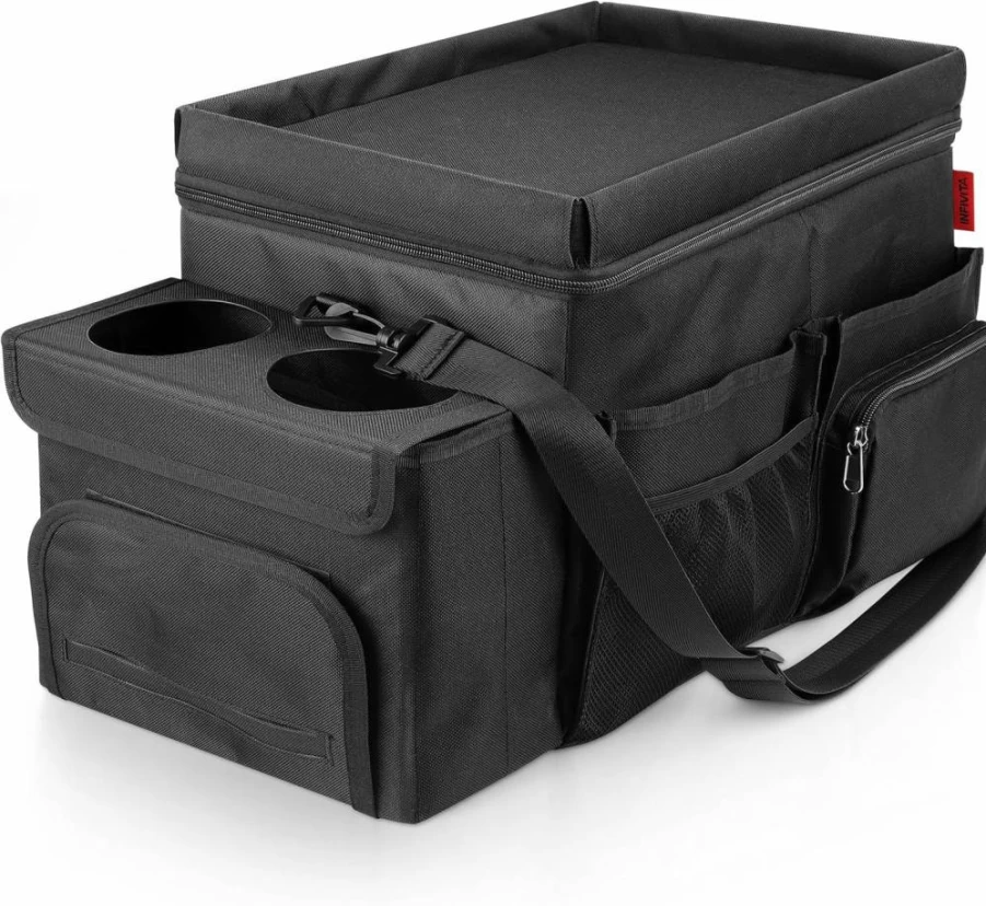 INFIVITA Waterproof Car Cooler Organizer with Lid, Cup Holders & Tissue Box Storage – Portable Multi-Compartment Auto Trunk Organizer