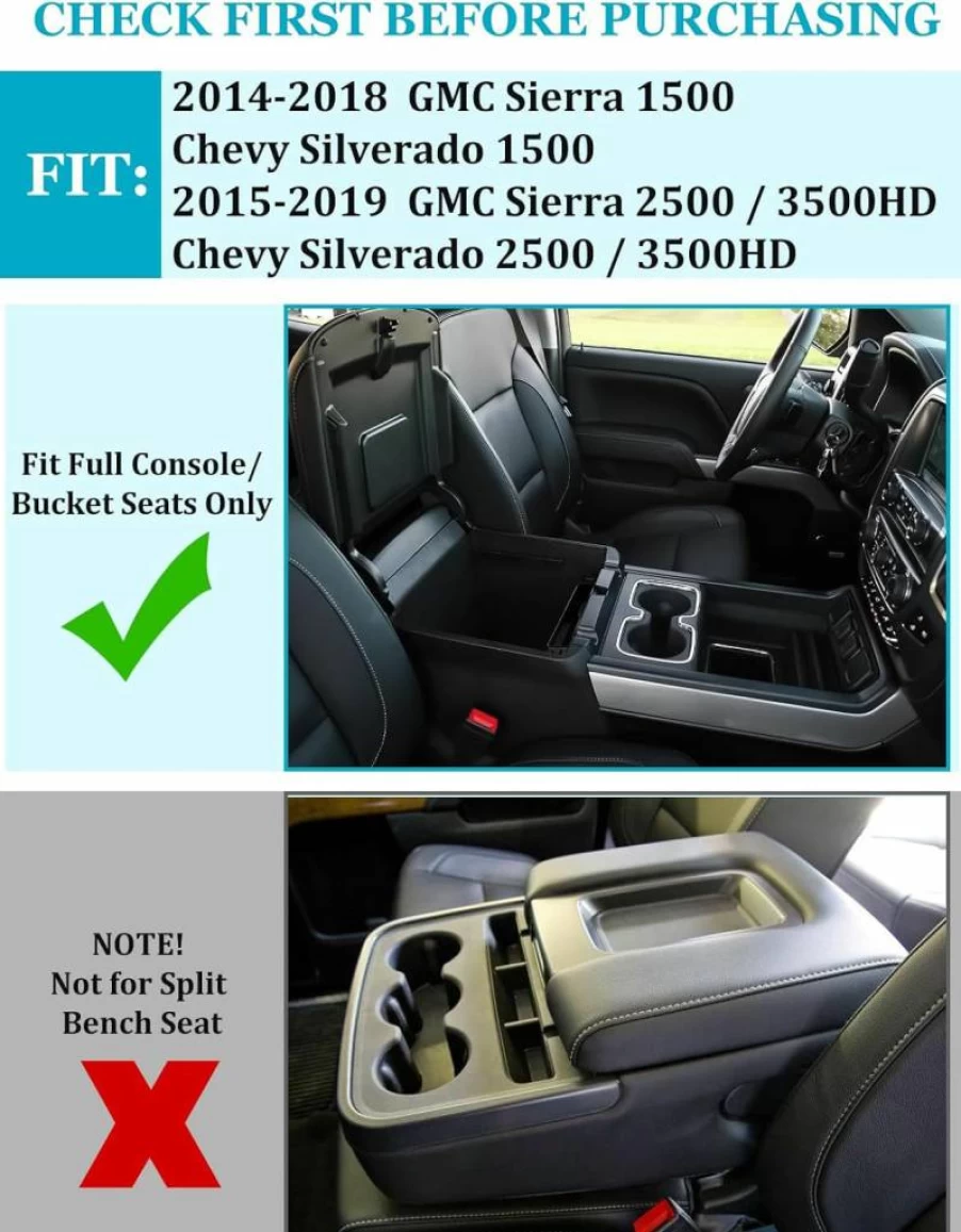2Pcs Sinvanho Center Console Organizer Tray for Chevy Silverado & GMC Sierra 2014-2018 1500/2500/3500 HD - Armrest Storage Box Accessories (Fits Full Console with Bucket Seats)