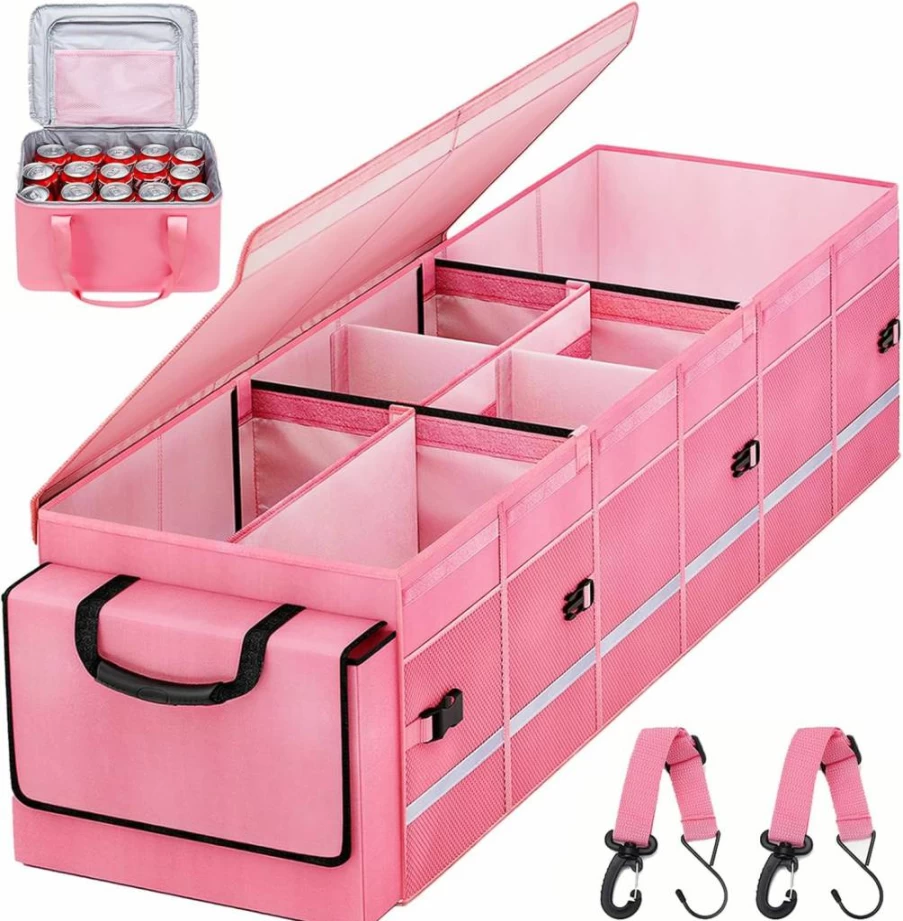 GDNasist Car Trunk Organizer with Leakproof Cooler Bag, 6 Removable Dividers & Collapsible Design for SUV Sedan - Waterproof Storage Box with Lid for Vehicle Interior Accessories