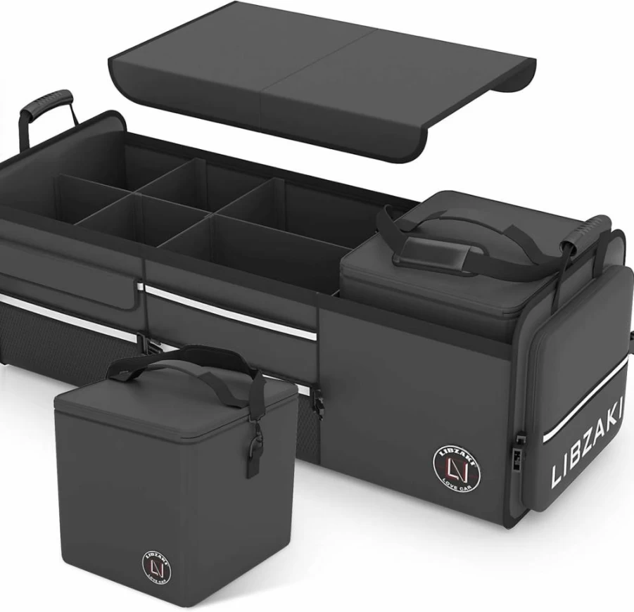 LI LIBZAKI 4-in-1 Collapsible Car Trunk Organizer with Cooler Bag - Oversized Multi-Compartment Storage Box for SUV, Truck & Vehicle - Black