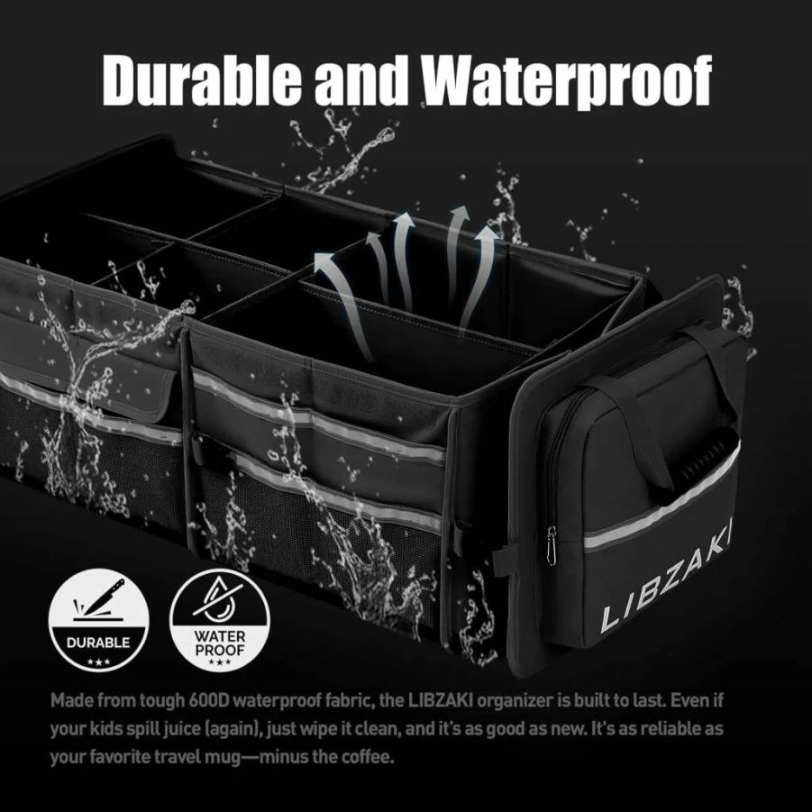 LI LIBZAKI 4-in-1 Collapsible Car Trunk Organizer with Cooler Bag - Oversized Multi-Compartment Storage Box for SUV, Truck & Vehicle - Black