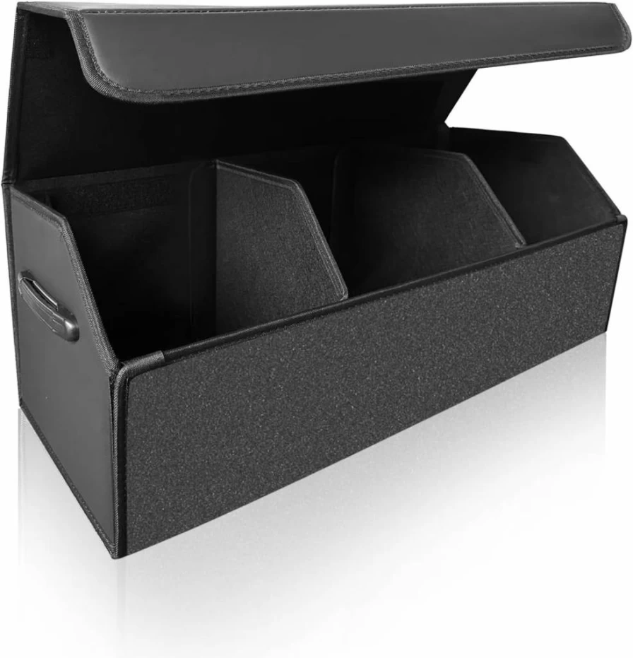 Fyzeoty Extra Large Collapsible Car Trunk Organizer with Magnetic Lid - Leather Storage Box for SUV, Sedan, Black (Model S004)