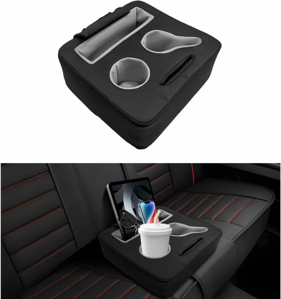 MUQIDA Leather Car Back Seat Organizer with Cup Holders, Snack Tray & Phone Storage for Truck, RV, Boat, and Automotive Rear Seats