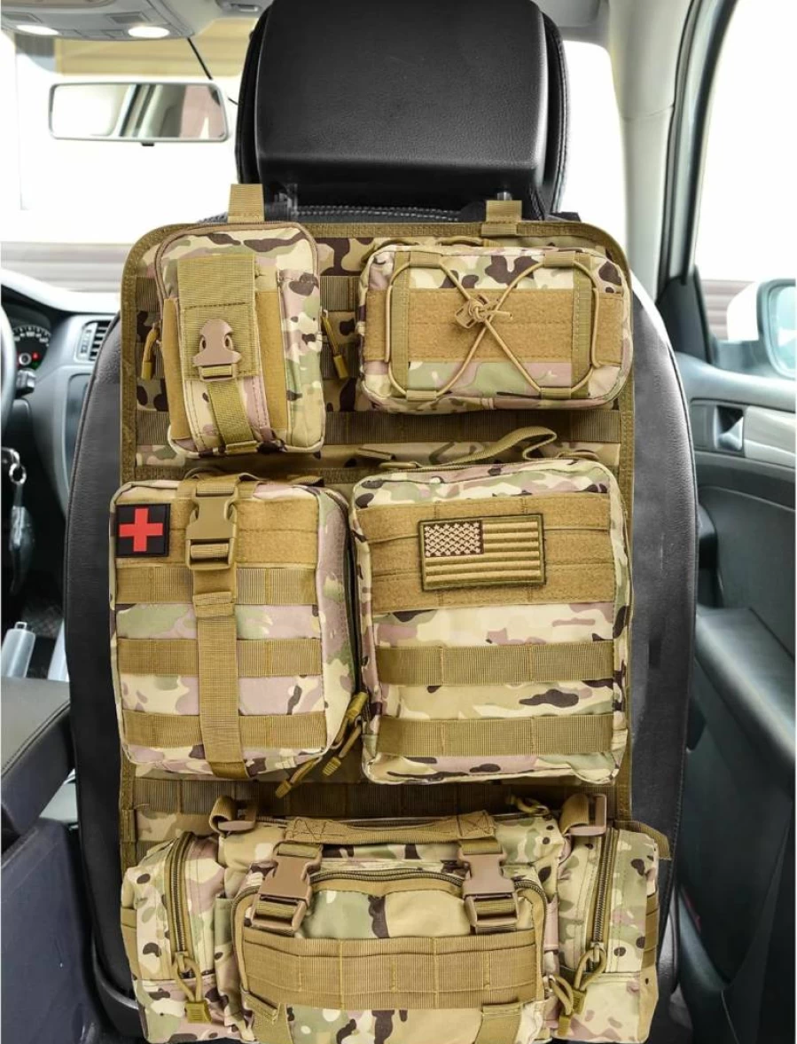 MOTOTIPS Tactical MOLLE Seat Back Organizer with 5 Detachable Pouches - Universal Fit for Car, Truck, SUV (Jeep, Ford) - Durable Black Storage Panel