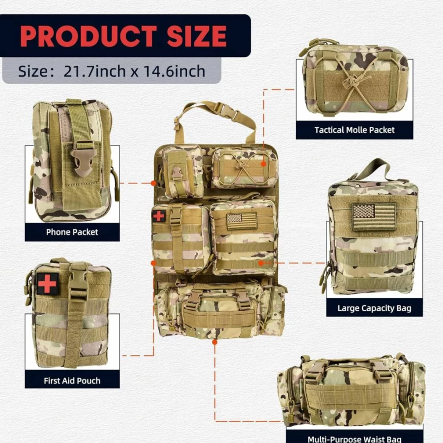 MOTOTIPS Tactical MOLLE Seat Back Organizer with 5 Detachable Pouches - Universal Fit for Car, Truck, SUV (Jeep, Ford) - Durable Black Storage Panel