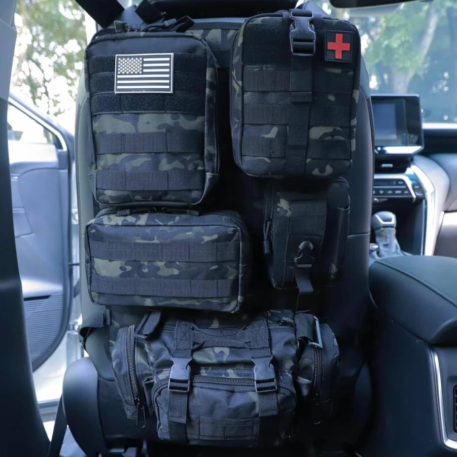 BXBXHD Tactical Car Seat Organizer with Molle Panel & 5 Detachable Pouches - Universal Fit for Truck, Jeep, Ford & More (Khaki)