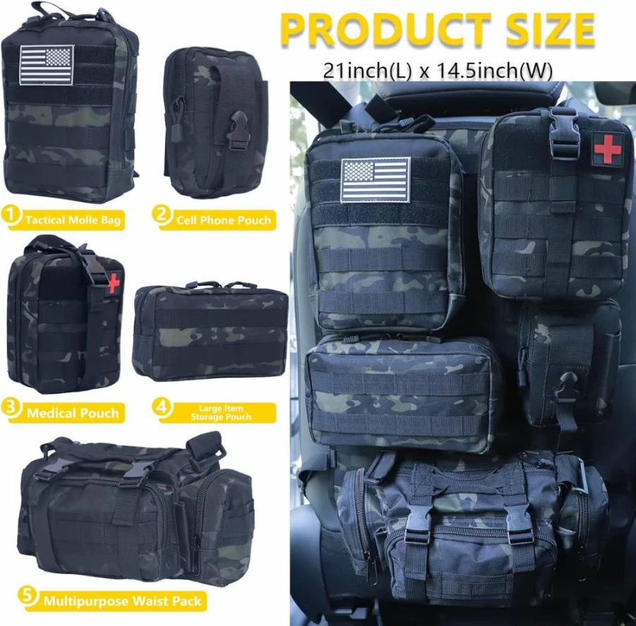 BXBXHD Tactical Car Seat Organizer with Molle Panel & 5 Detachable Pouches - Universal Fit for Truck, Jeep, Ford & More (Khaki)
