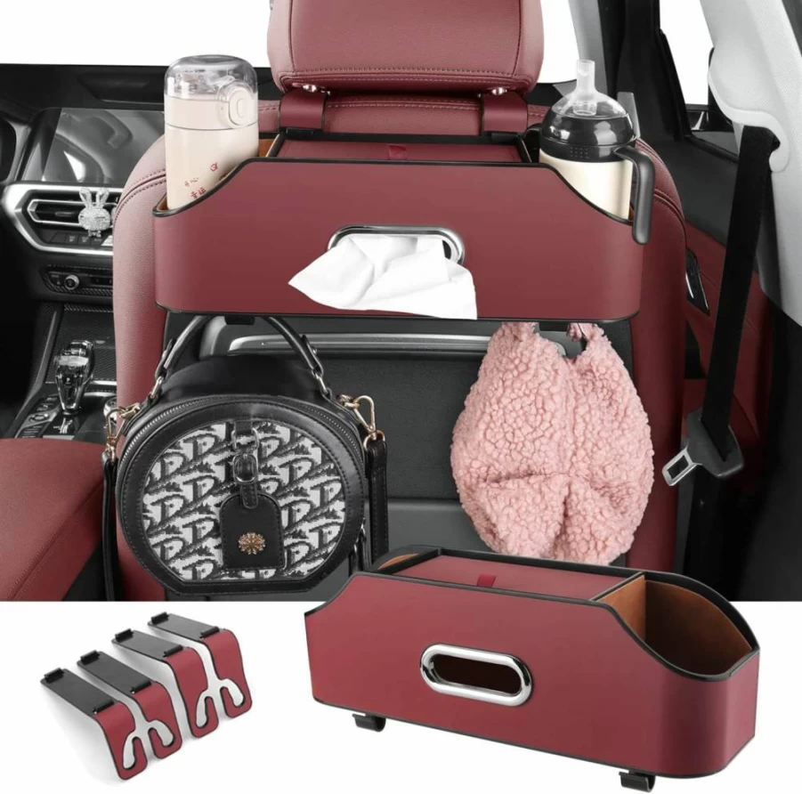 HOLDCY Car Back Seat Organizer with Cup Holders, Storage Pockets & Tissue Box - Multi-Functional Auto Organizer for Kids, Travel & Road Trips (Beige)