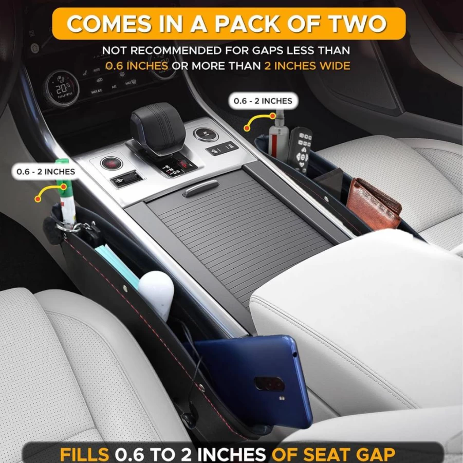 EcoNour 2-in-1 Car Seat Gap Organizer (2 Pack) – Universal Storage Box for Phone, Keys, Cards & Accessories – Front Center Console Organizer for Cars