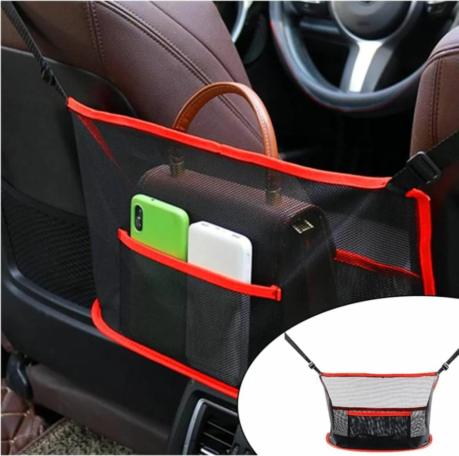 GLSOWEE Universal Car Seat Gap Organizer - Handbag & Purse Holder, Black Auto Storage Net for Front Seats, Accessory for Women/Men, Pet/Kids Barrier