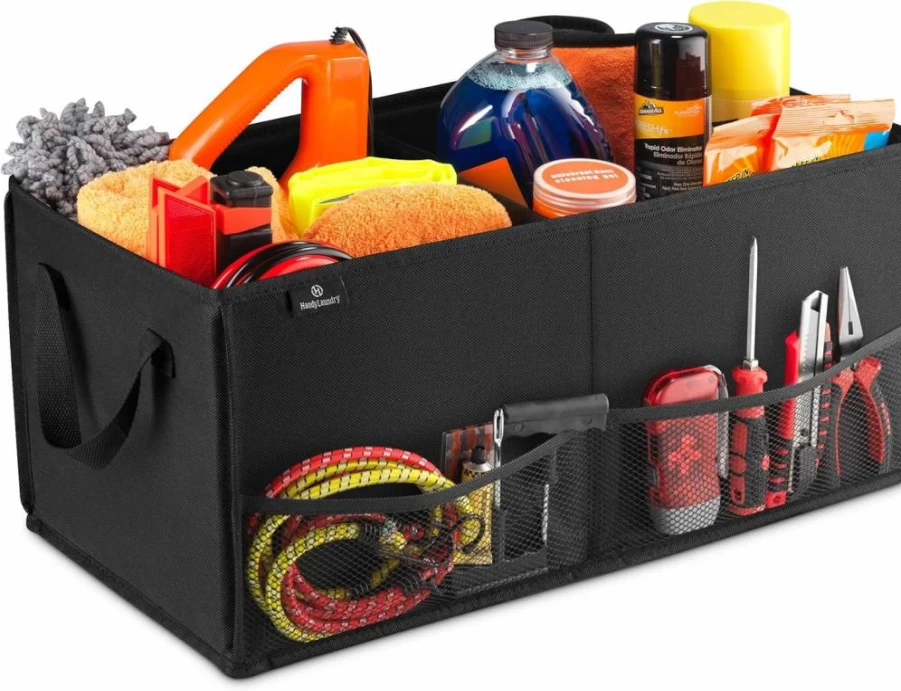 Handy Laundry Car Trunk Organizer Foldable Storage with Non-Slip Fasteners 22x10x11 Inches for Secure Transport (Black)