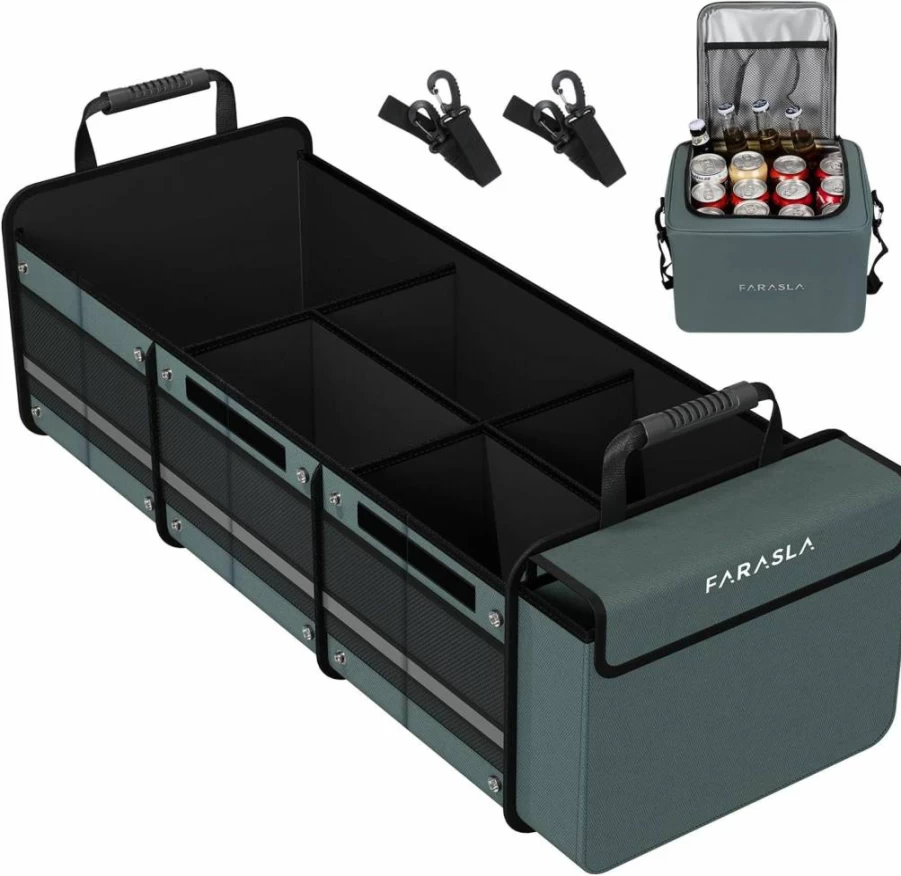 Farasla Waterproof Trunk Organizer with Insulated Cooler Bag, Foldable Storage with Adjustable Straps for Car, Travel, and Picnic - Black