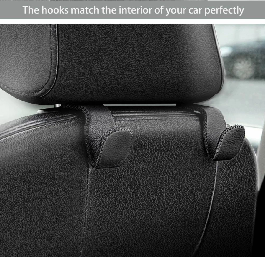 AMVOYOA Car Headrest Hooks - 2 Pack Black Leather Back Seat Organizer for Purses, Bags, Coats, and Accessories