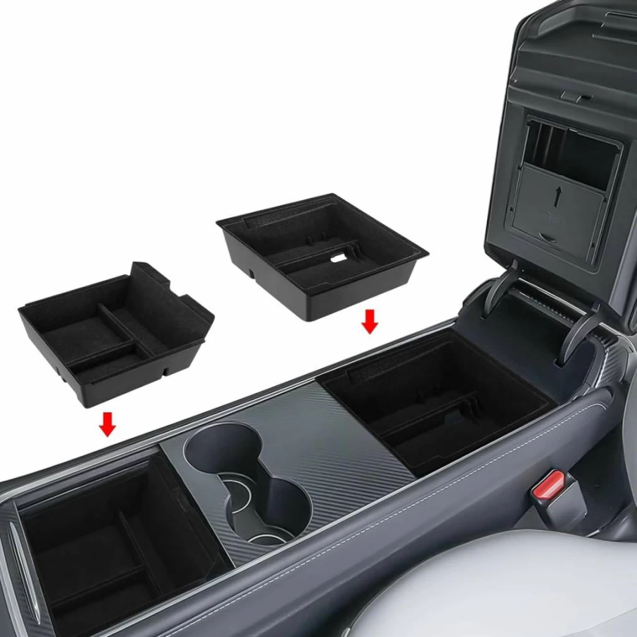 Heenvn 5Pcs Center Console Organizer for Tesla Model 3/Y (2024-2025) - Armrest Storage Tray, Hidden Box & Cup Holder Accessories