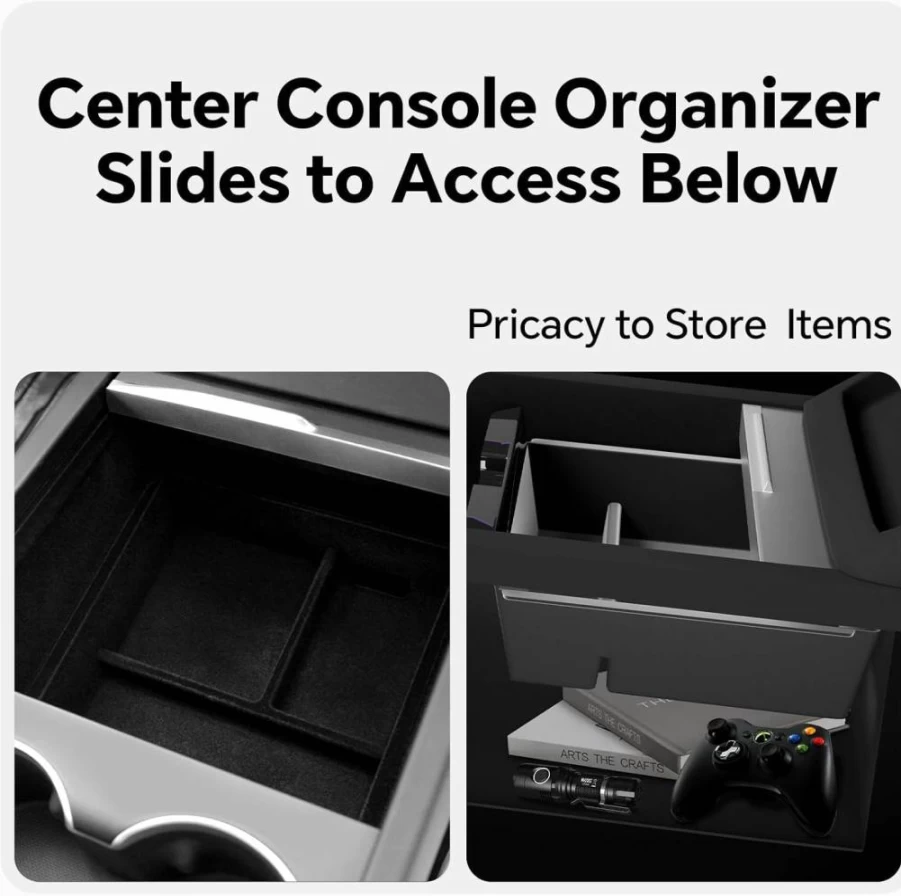 Heenvn 5Pcs Center Console Organizer for Tesla Model 3/Y (2024-2025) - Armrest Storage Tray, Hidden Box & Cup Holder Accessories