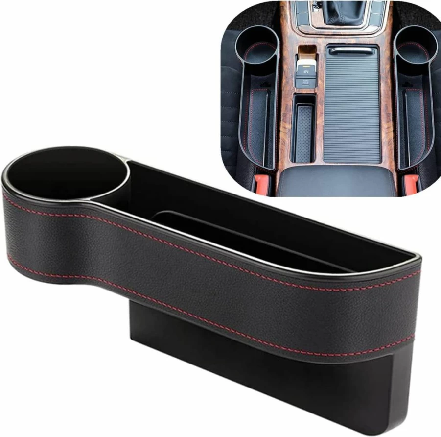 Coforder Premium PU Leather Car Seat Gap Organizer with Cup Holder - Driver Side Storage Box for Interior Essentials, Auto Console Accessory