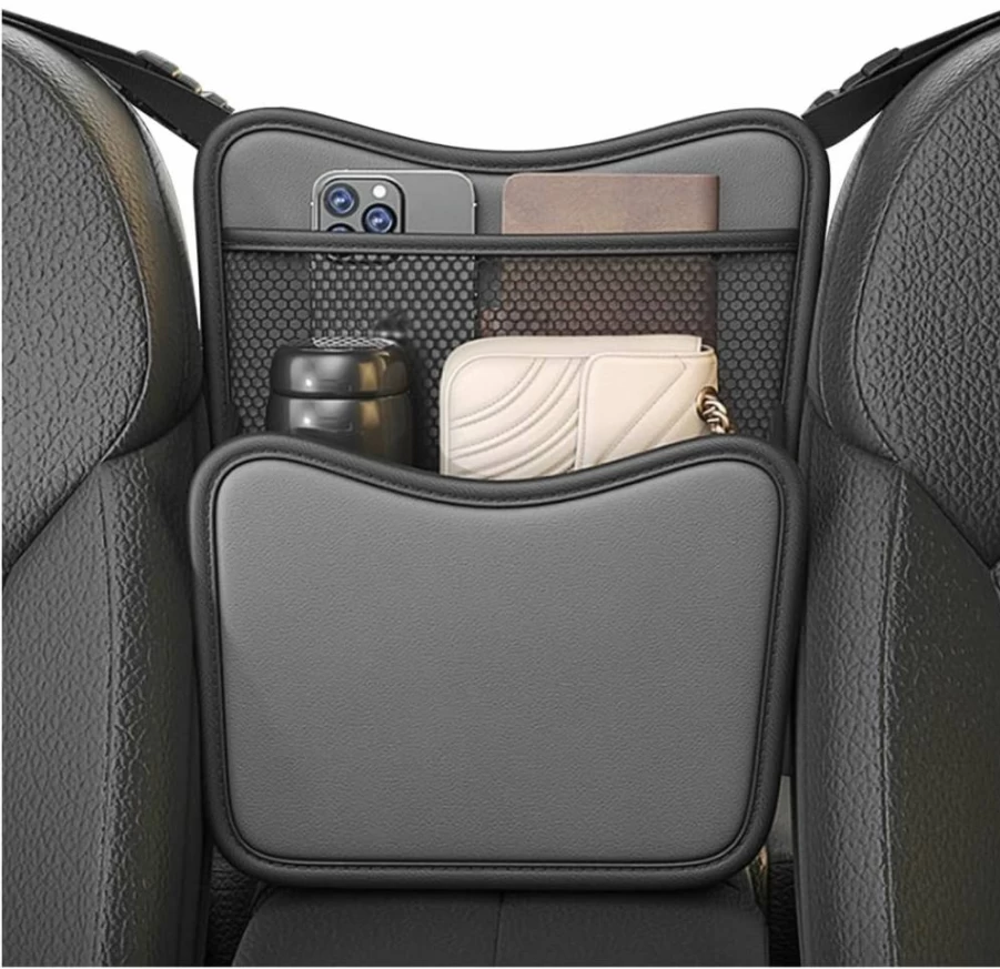FSTURIOS Car Seat Organizer - Premium Nappa Leather Storage Bag with Phone Holder, Document Pocket & Tissue Box for Front Seats, Black Auto Console Hanging Net