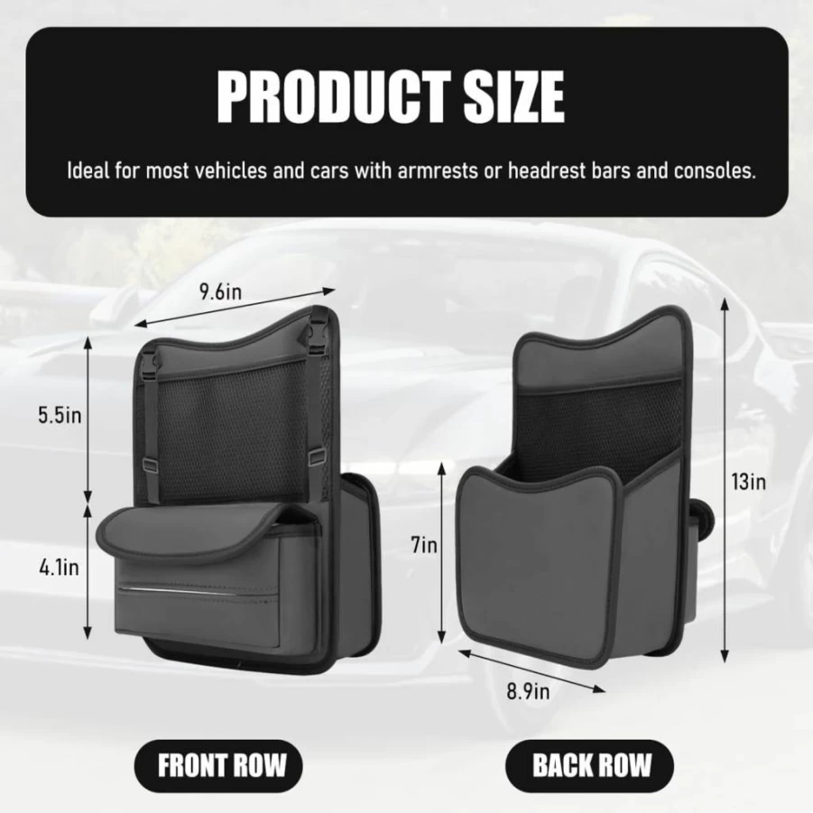 FSTURIOS Car Seat Organizer - Premium Nappa Leather Storage Bag with Phone Holder, Document Pocket & Tissue Box for Front Seats, Black Auto Console Hanging Net