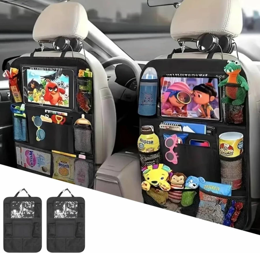 CAMREST Car Backseat Organizer with 10 Pockets, 2 Pack Seat Protector for Kids, Durable Straps & Tablet Holder, Machine Washable Auto Storage