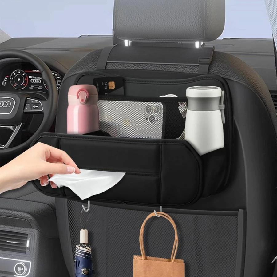 FURSATO 5-in-1 Car Seat Organizer with Hooks, Leather Backseat Storage with Cup Holder, Tissue Box & Trash Bag, Multi-Pocket Headrest Organizer for Phone, Snacks, Drinks