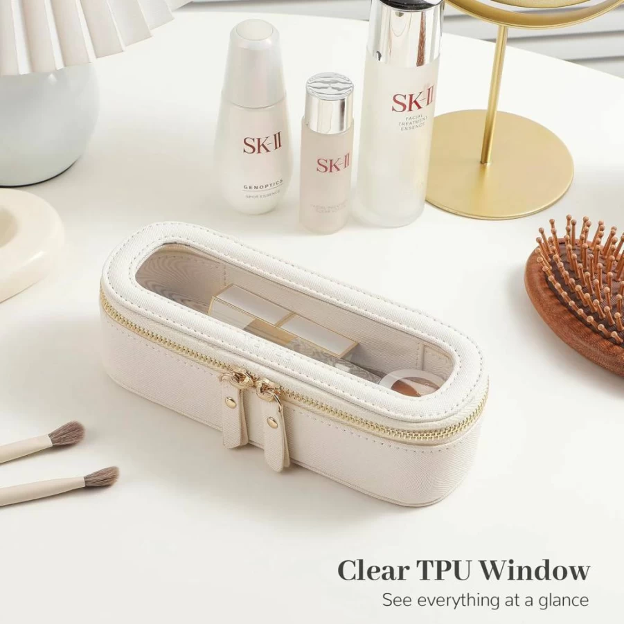 Aveniee White Travel Makeup Bag - Portable Cosmetic Organizer with Zipper for Women, Skincare & Toiletry Essentials - Durable Car Pouch for Makeup Storage
