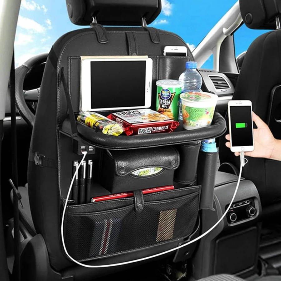 RAKSONIC Premium Car Seat Back Organizer with 4 USB Ports, Waterproof PU Leather Storage Pocket for iPad, Phones & Accessories (Black)