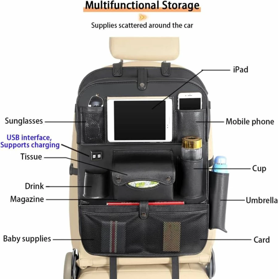 RAKSONIC Premium Car Seat Back Organizer with 4 USB Ports, Waterproof PU Leather Storage Pocket for iPad, Phones & Accessories (Black)