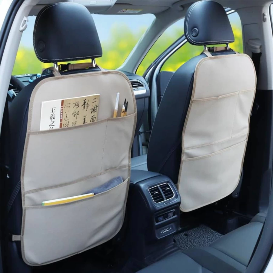 PeFirst Waterproof Kick Mat Back Seat Protector for Cars - 2-Pack Beige Leather Seat Cover with 3 Storage Pockets, Universal Fit for SUV Sedan Minivan Truck, Kids Pets Travel Accessories