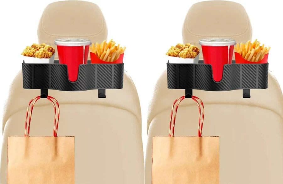 OUSHASAA 2Pc 3-in-1 Car Headrest Organizer with 3.7" Cup Holders, Backseat Storage Hanging Hooks for Phones, Toys & Essentials