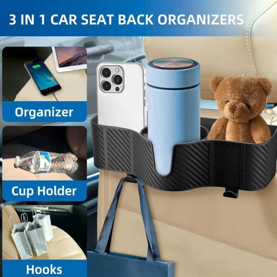 OUSHASAA 2Pc 3-in-1 Car Headrest Organizer with 3.7" Cup Holders, Backseat Storage Hanging Hooks for Phones, Toys & Essentials