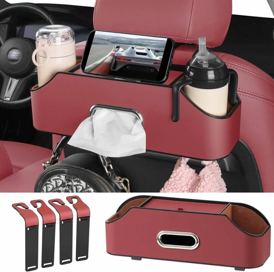 Sancaral Pink Car Seat Back Organizer - Multifunctional Drink Cup Holders, Tissue Storage Box & Hooks for Rear Backseat Accessories