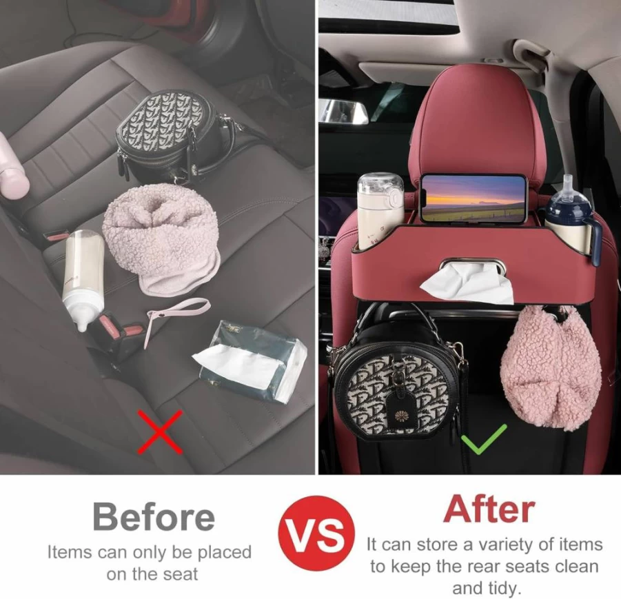 Sancaral Pink Car Seat Back Organizer - Multifunctional Drink Cup Holders, Tissue Storage Box & Hooks for Rear Backseat Accessories
