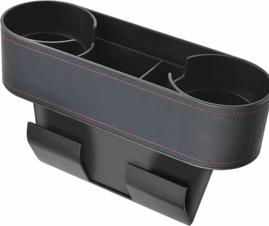 IOKONE Car Cup Holder - Universal Auto Front Seat Organizer with PU Leather, Storage Box & Phone Holder, Gap Filler for Phones, Coins & Drinks (Black)
