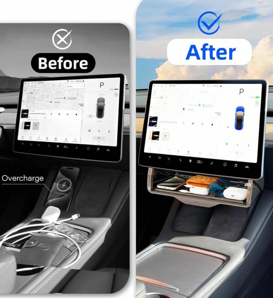 WinDu Under Screen Storage Organizer Tray for Tesla Model 3 & Y (2016-2025) - Hideable Center Console with Anti-Slip Silicone Pad