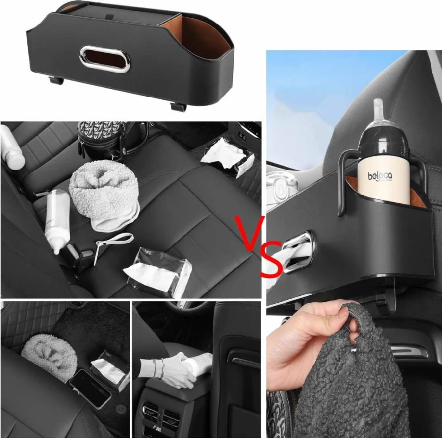 WedFeir Car Back Seat Organizer - 2 Cup Holders, Tissue Box Storage & Phone Pocket - Multi-Functional Hanging Organizer for Kids Toys & Travel Accessories (Black)