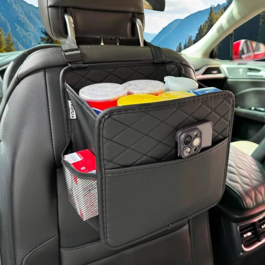 Witaxima Premium PU Leather Car Seat Organizer - 2.14 Gallon Hanging Trash Can with Storage Pockets, Multipurpose Backseat Organizer for Cars (Black)