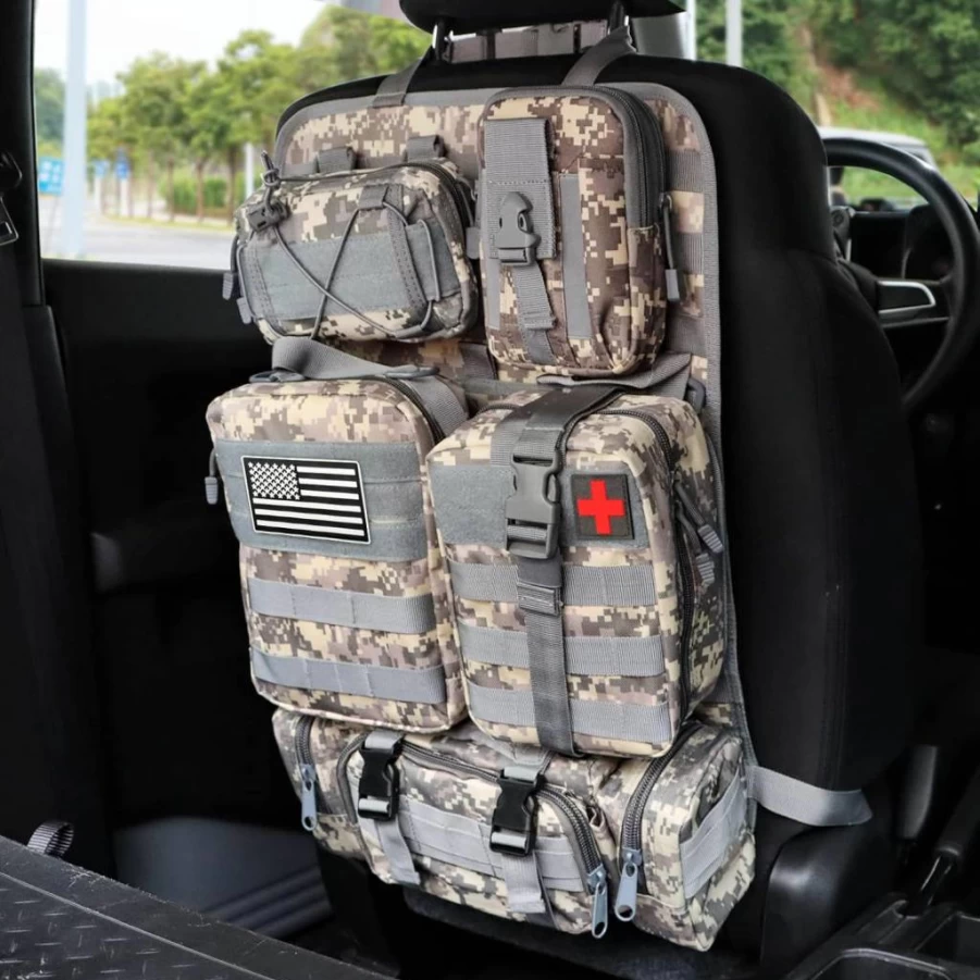 MAIKER OFF ROAD Tactical Car Seat Organizer with 5 Detachable MOLLE Pouches - Universal Fit for SUVs, Trucks & Vehicles - Durable Black Storage Panel