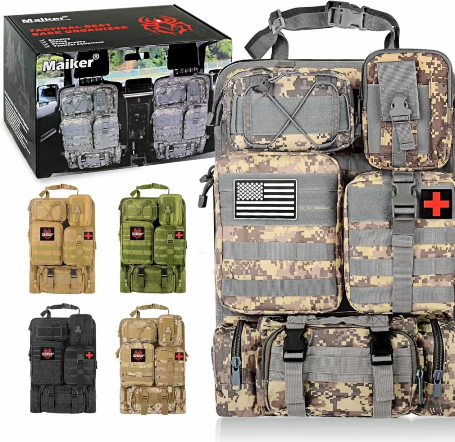 MAIKER OFF ROAD Tactical Car Seat Organizer with 5 Detachable MOLLE Pouches - Universal Fit for SUVs, Trucks & Vehicles - Durable Black Storage Panel