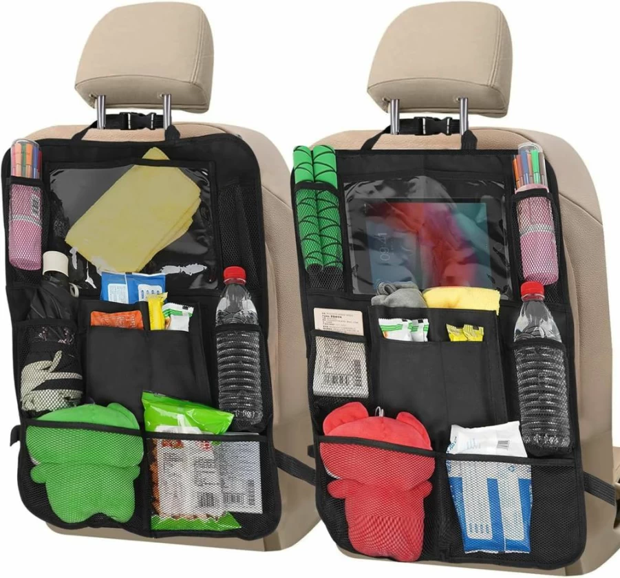 MIKKUPPA 2 Pack Car Backseat Organizer with 11" Tablet Holder, 10 Pockets, Kick Mats & Seat Protector for Kids - SUV Travel Storage Accessories