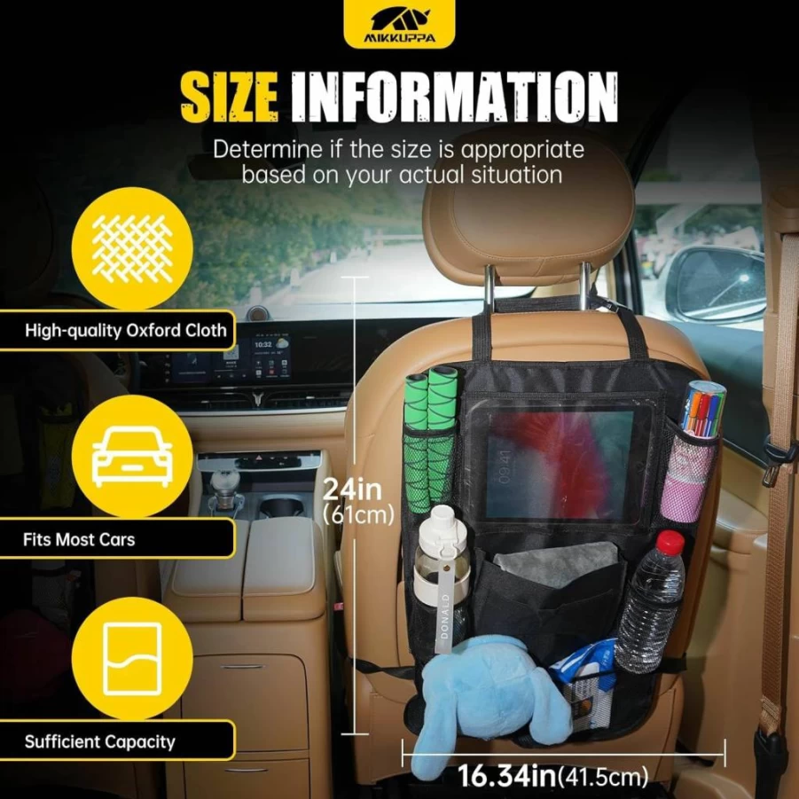 MIKKUPPA 2 Pack Car Backseat Organizer with 11" Tablet Holder, 10 Pockets, Kick Mats & Seat Protector for Kids - SUV Travel Storage Accessories