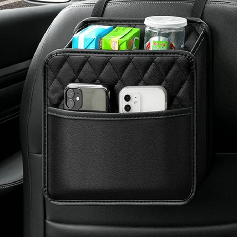 INZSASO 2Pack Black PU Leather Car Back Seat Organizer - Universal Hanging Storage Bag for Most Vehicles, Auto Interior Accessories