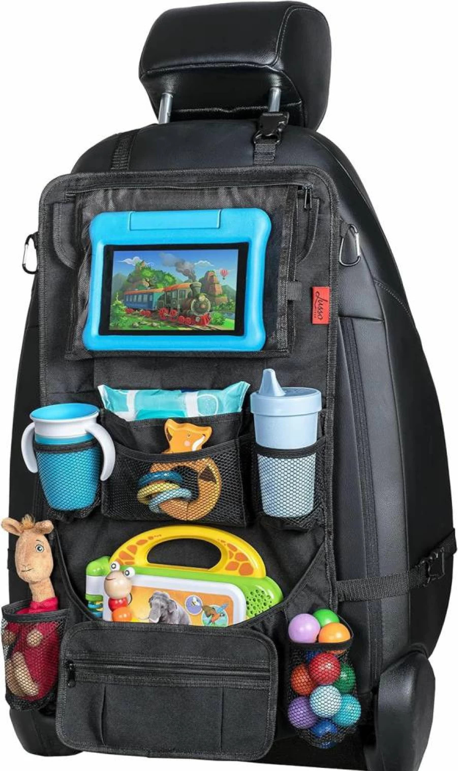 Lusso Gear Backseat Car Organizer with 12 Pockets - Durable Kick Mat for Kids, Holds iPad, Tablet & Water Bottles - Heavy Duty Travel Essential (Black)