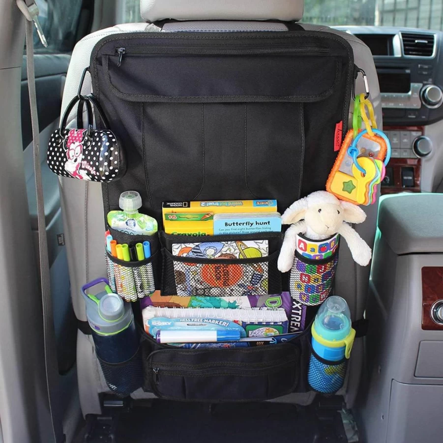 Lusso Gear Backseat Car Organizer with 12 Pockets - Durable Kick Mat for Kids, Holds iPad, Tablet & Water Bottles - Heavy Duty Travel Essential (Black)