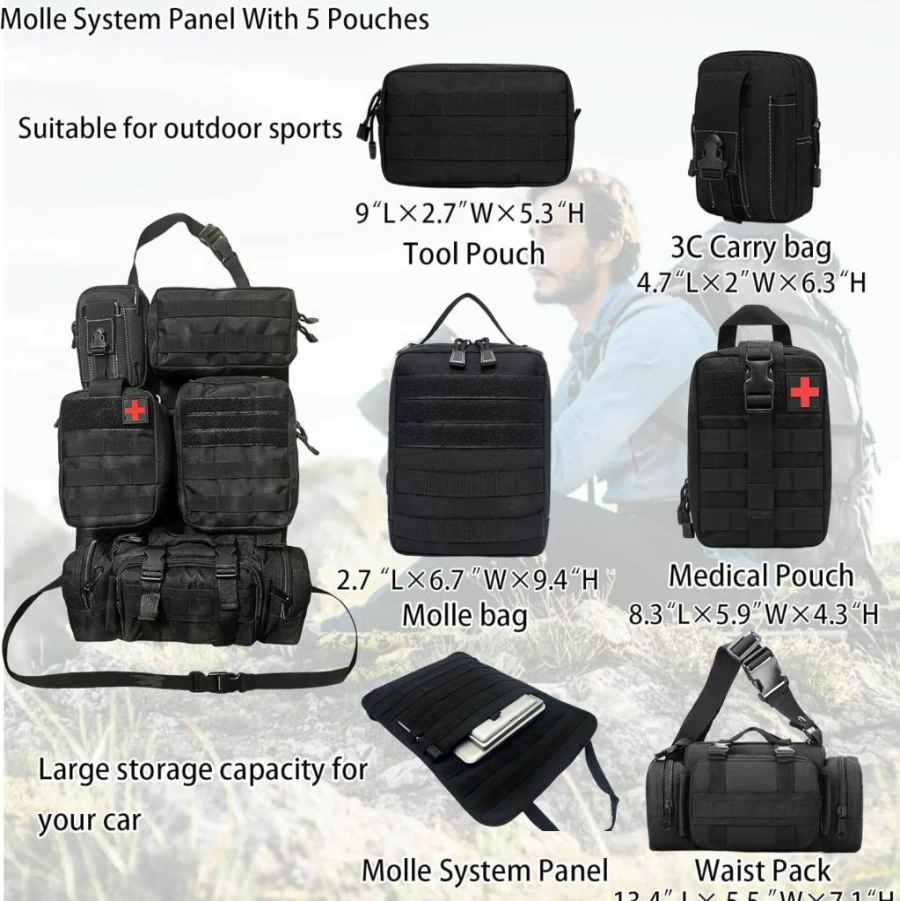 MEAUTELE Tactical Car Seat Organizer with 5 Detachable Molle Pouches - Universal Fit for Jeep, Truck, Ford & Most Vehicles