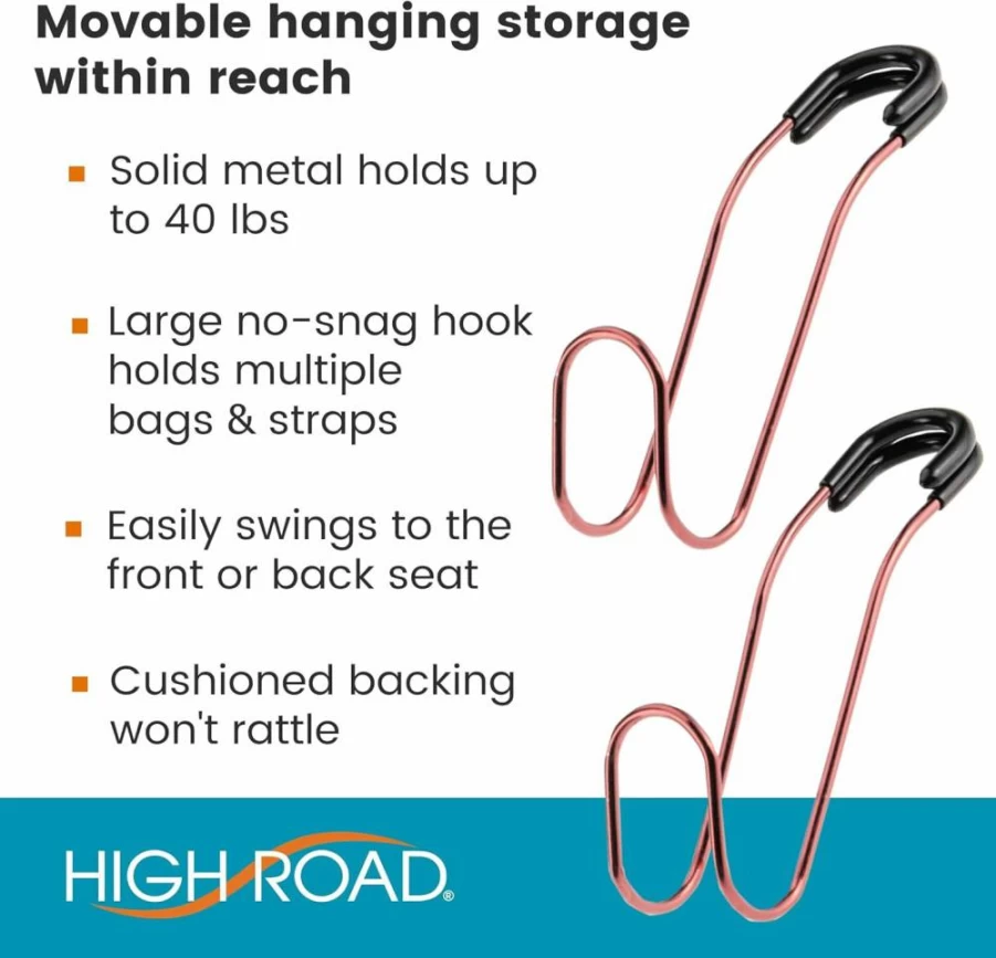 High Road Unbreakable Car Seat Hooks 2-Pack - Heavy Duty 40 lbs Capacity for Purses, Backpacks, Coats & Hats - Universal Fit All Headrest Posts