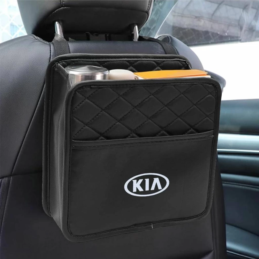2Pack Heavy Duty Backseat Car Organizer with Multi-Pocket Storage & 2.14 Gallon Trash Can - Universal Fit for Most Cars (Black PU Leather)