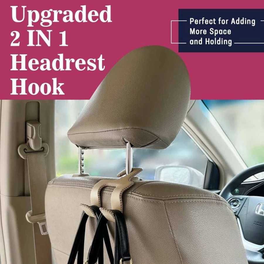 TISOHUGO 2 Pack Genuine Leather Car Seat Hooks - Heavy Duty Backseat Headrest Hangers for Purse, Clothes, Grocery Bags, Stylish Vehicle Organizer (Gray)