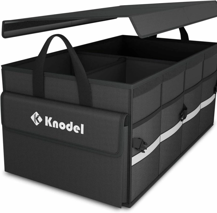 K KNODEL Collapsible Car Trunk Organizer with Lid - 2 Compartment Black Storage Box for SUV, Truck, Sedan & Auto Accessories