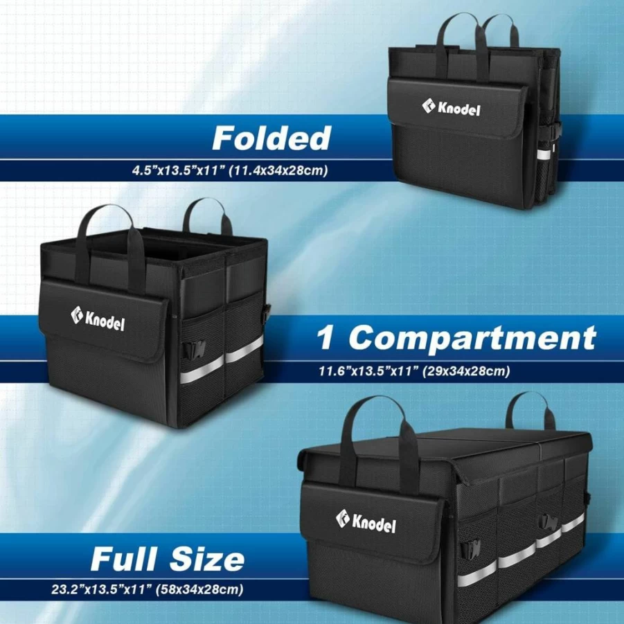 K KNODEL Collapsible Car Trunk Organizer with Lid - 2 Compartment Black Storage Box for SUV, Truck, Sedan & Auto Accessories